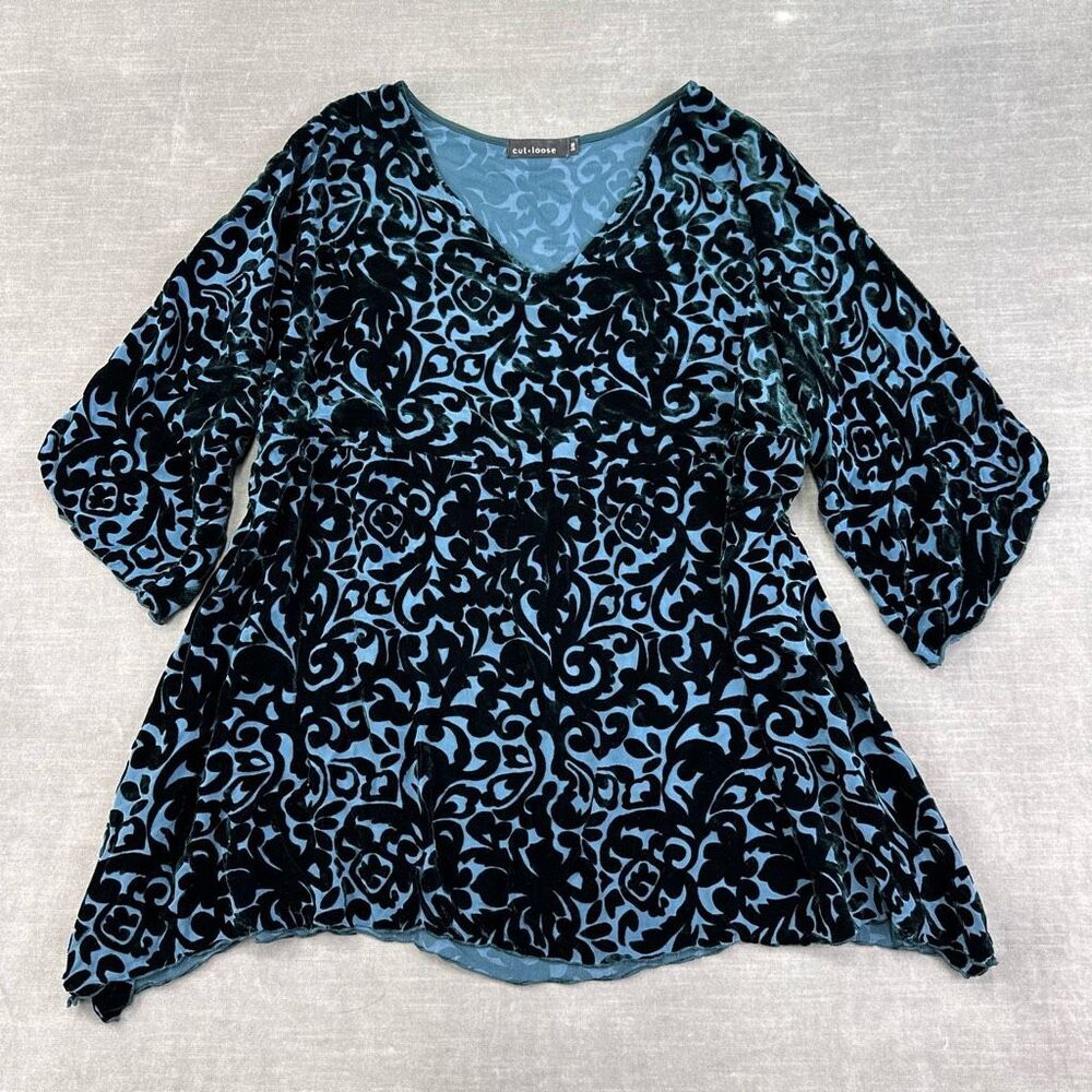 Cut Loose Blouse Womens S/M Blue Velvet Burnout Floral Oversized‎ Lagenlook USA